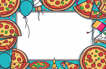 Fototapeta premium Frame with place for text for birthday, illustration with pizzas