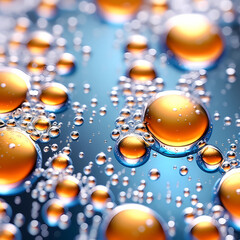 oil drops on water surface,  orange bubbles on blue background, light brown circles floating on the sky-blue water surface