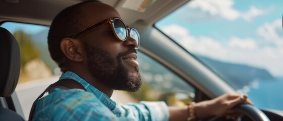 Road trip bliss; a man enjoys a scenic drive, his joy reflected in the sunglasses and smile