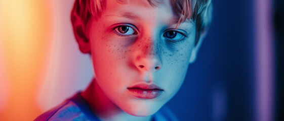 Ethereal child; a boy's face is illuminated by contrasting warm and cool lights