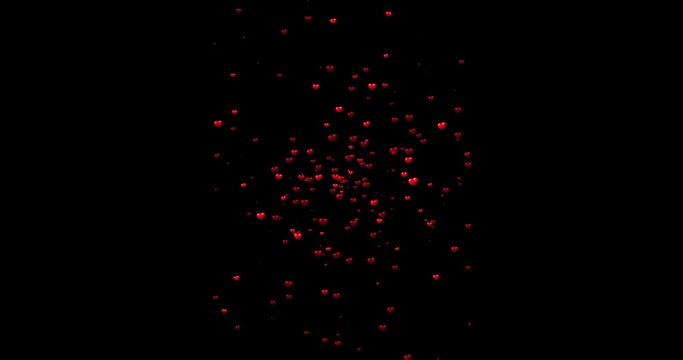 A set of two explosions of fireworks or candy. Flying red hearts on a black background. A staggering burst of likes. Valentine's Day. Seamless looping animation.