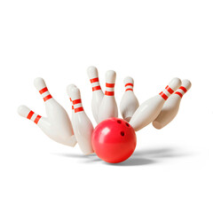 Strike in bowling game, full of bowling pins knocked down by player with transparent background and...