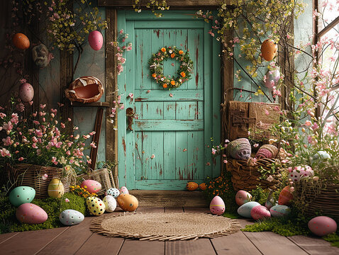 porta addobbata per pasqua, sfondo per fotografi, sfondo per pasqua con conigli e uova di pasqua ideale per inserimento persone
