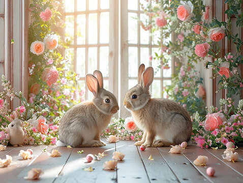 porta addobbata per pasqua, sfondo per fotografi, sfondo per pasqua con conigli e uova di pasqua ideale per inserimento persone