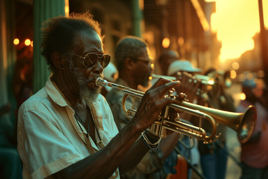 Black man and his band playing jazz instruments, outdoor New Orleans scene