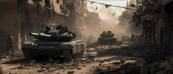 Tanks patrol a desolate urban warzone, evoking the stark reality of conflict amidst the ruins - obrazy, fototapety, plakaty