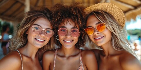 Three cheerful friends enjoying a sunny summer weekend at the beach, taking selfies and having fun. - obrazy, fototapety, plakaty