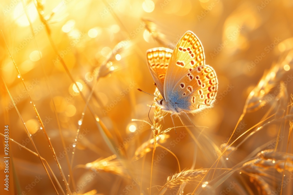 Poster a beautiful butterfly perched on top of a field covered in green grass. perfect for nature enthusias