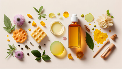 Essential oil for beauty skin. Flat lay beauty ingredients on a light background, top view. Beauty healthy lifestyle concept. Generative AI. - obrazy, fototapety, plakaty