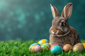 Fototapeta na wymiar Copy space of an Easter bunny with Easter eggs, a hare on a colorful background of green grass for Holy Week activities