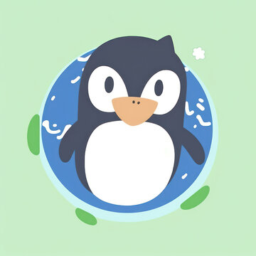 Cute cartoon penguin character standing in the snowy winter landscape