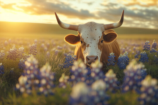 Texas Longhorns bull in a field full of bluebonnets, golden hour time, close up portait shot