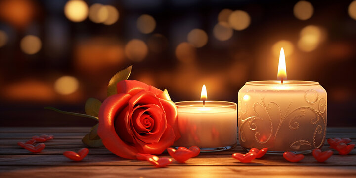 Burning candles and beautiful rose on table .
