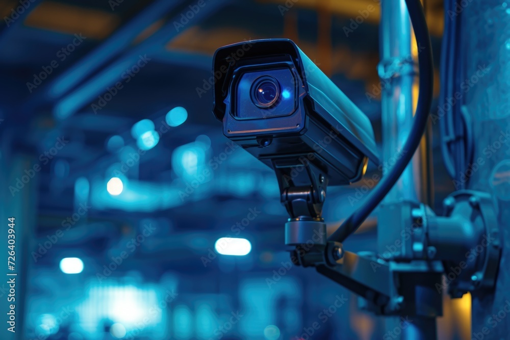 Poster A security camera mounted on the side of a building. Suitable for surveillance and security concepts
