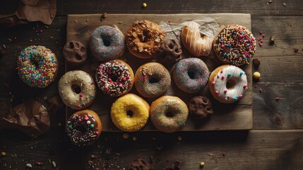 Donuts pattern. Top view of assorted glazed donuts. Colorful donuts with icing as background with copy space. Various colorful glazed doughnuts with sprinkles. Generative AI