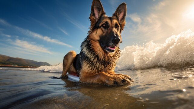 German shepherd dog playful surfing board on beach picture, surfing vacation the beach realistic wallpaper