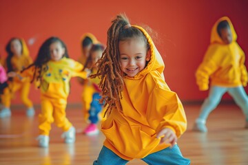 Happy children in stylish clothes dancing in choreography class
