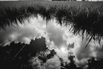 A black and white photo capturing the reflection of clouds in a puddle of water. This image can be used to depict nature, weather, reflection, or abstract concepts