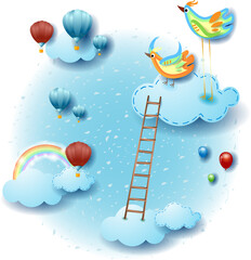 Sky landscape with clouds, colorful birds and ladder. Fantasy illustration vector eps10