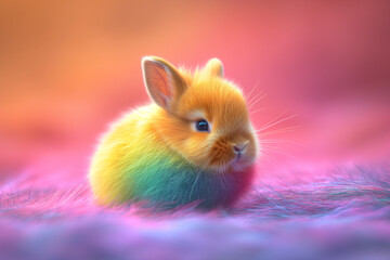 Colorful Easter bunny, soft-furred rabbit with a multicolored rainbow coat on a background of colors for Holy Week activities