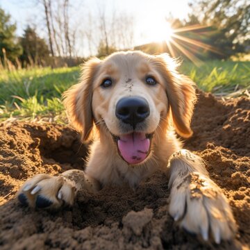 Golden retriever dog hole in the field ground picture, retriever puppy dog digging hole realistic wallpaper