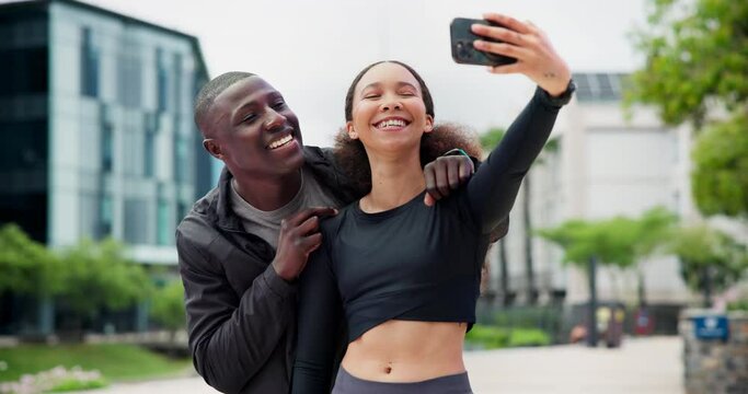 Couple, city and selfie with fitness, smile and support for workout with influencer or balance with hobby. New York, man or woman with cellphone or picture for social media or activity with wellness