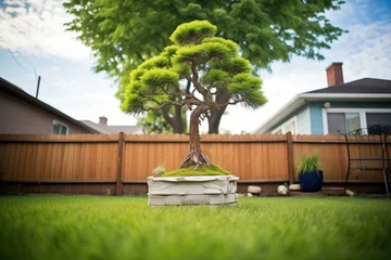 Selbstklebende Fototapeten bonsai tree in a backyard, surrounded by tall grass © studioworkstock