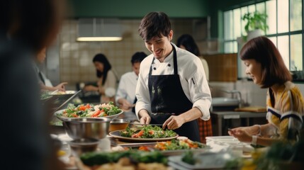 A male smiling chef conducts a master class on cooking dishes and salads in the kitchen of the restaurant.