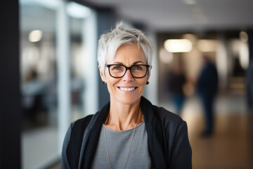 Fototapeta premium Happy Mature Woman, Confident and Cheerful, Posing in Office with a Smile on White Background