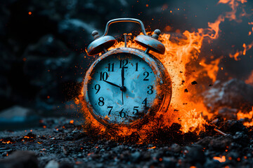  alarm clock engulfed in flames and sparks, symbolizing urgency and the passage of time. Ideal for concepts related to deadlines or time management - obrazy, fototapety, plakaty