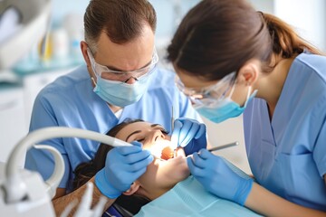 Dentist working at patients teeth in dental medical clinic