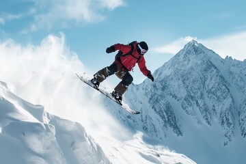 Naklejka na ściany i meble Snowboarder snowboarding on winter vacation on ski slope