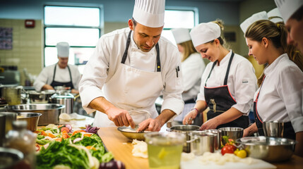 Experienced chefs in white uniforms and a chef's hat prepare various dishes and salads in the restaurant kitchen. Culinary master class, cooking, restaurant business concepts.