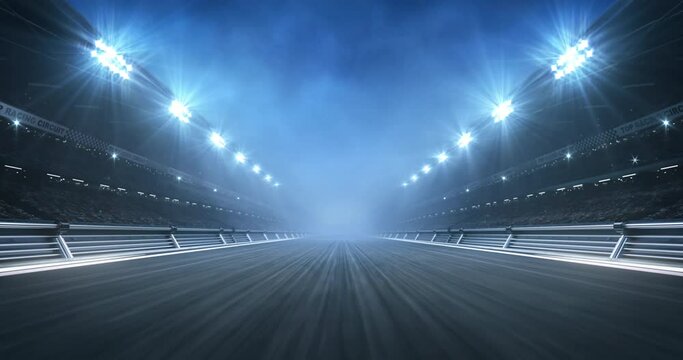 Empty racing track and shining spotlights on sport stadium. Professional 4K video loop for racing sports advertisement.
