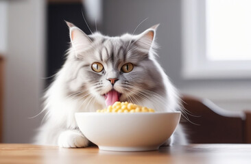 The cat licks his lips next to a bowl of food.