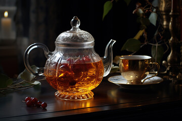 Glass teapot with hot tea. Generative AI