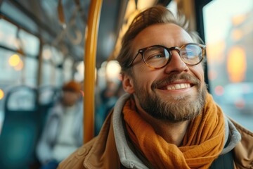 A joyful man using public transportation to work. Generative Ai. - obrazy, fototapety, plakaty