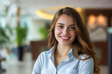 Young woman receptionists standing in hotel lobby near the counter