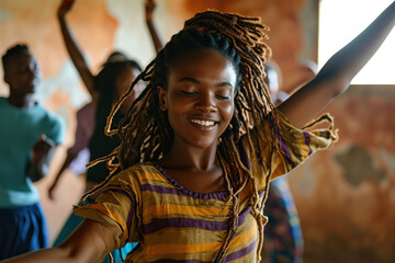 Young american african people dancing in choreography class