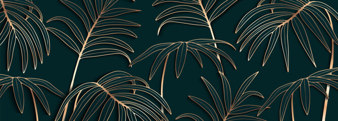 Dark green luxury design with golden palm branches. Tropical background, postcard, cover design.