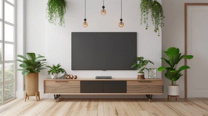 A comfortable living room with a television and beautiful plants displayed on the wall. Perfect for home decor inspiration or interior design ideas