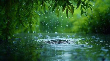Obraz na płótnie Canvas HD photography, close focus, rain, willow, large droplets of water rippling into the water,