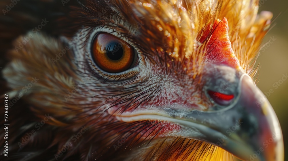 Poster A close up view of a chicken's face with a blurry background. Suitable for various projects and designs