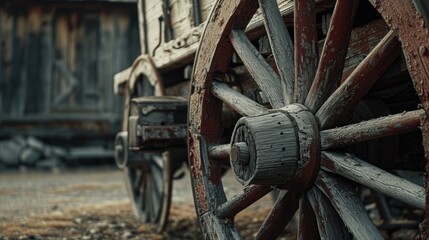 A detailed close-up of a wooden wagon wheel. Perfect for rustic and vintage-themed designs - obrazy, fototapety, plakaty