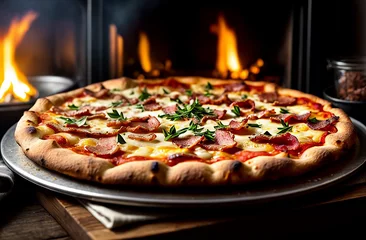 Foto op Plexiglas Pizza on the background of a fiery oven. © OLGA RA