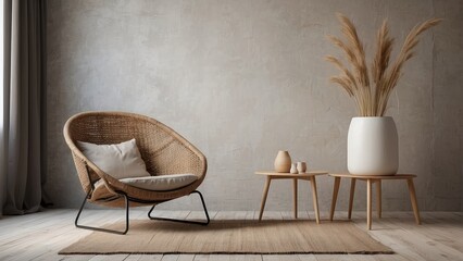 minimalist modern living room background with a soft armchair and a vase filled with dry grass in the early light. Blank wall mockup