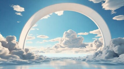 3d render, abstract cloudscape on a sunny day, white clouds float under the round concrete arches on the blue sky. Minimal surreal dream concept. generative, ai - obrazy, fototapety, plakaty