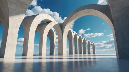 3d render, abstract cloudscape on a sunny day, white clouds float under the round concrete arches on the blue sky. Minimal surreal dream concept. generative, ai