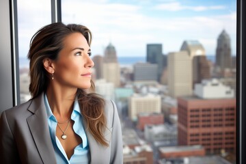 businesswoman observes city from office tower