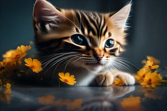 Picture a cute kitten, its head and delicate paws peeking over, exuding irresistible charm and innocence.